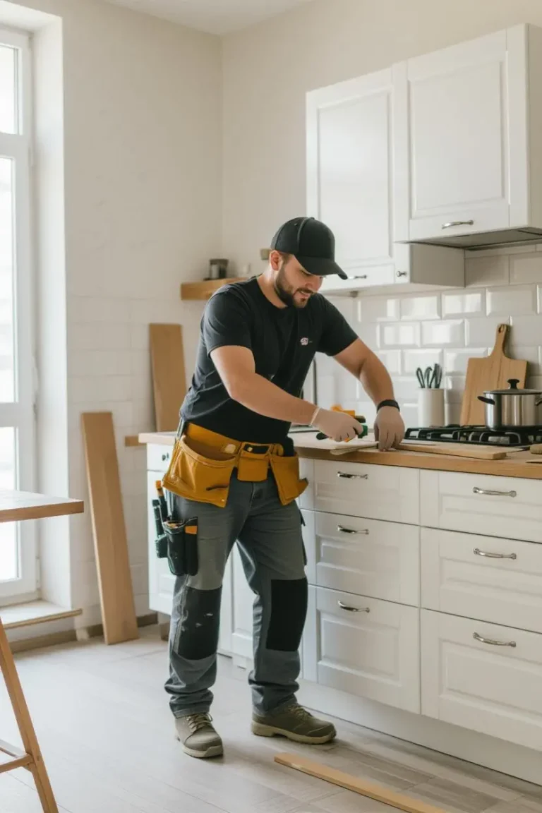 Professional contractor measuring a custom wood countertop during a kitchen remodel Concord project.