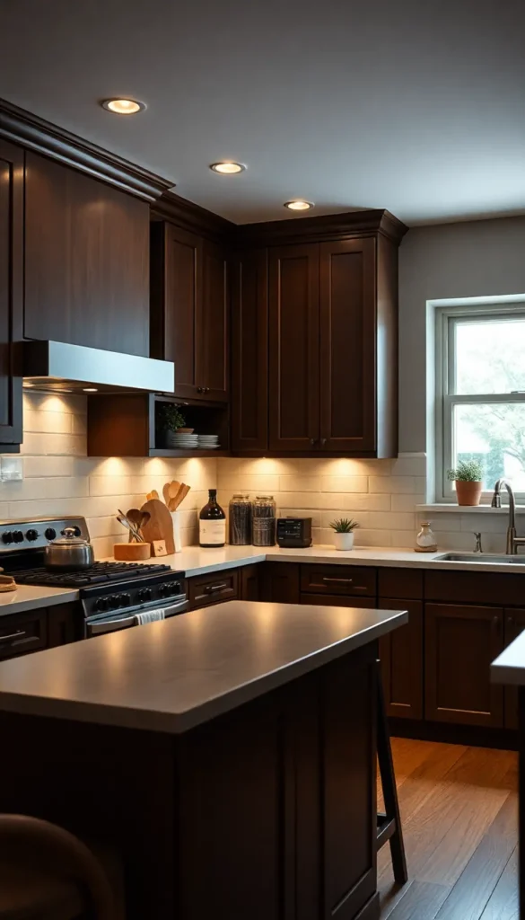 Modern kitchen with dark brown cabinets, quartz countertops, under-cabinet lighting, and stainless steel appliances by Concord Remodeling