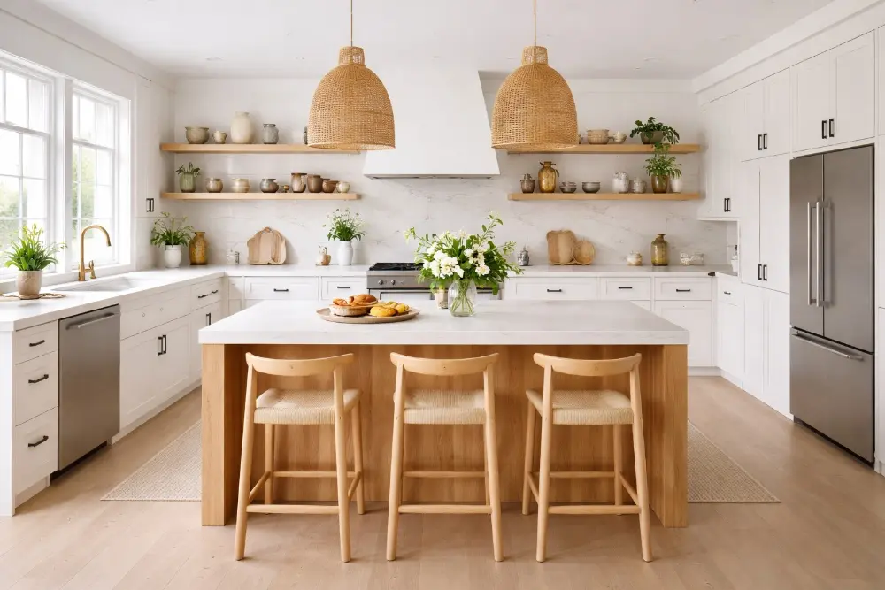 after picture of Bright modern white kitchen with large wooden island, woven pendant lights, and open shelving after Concord Kitchen Remodeling.
