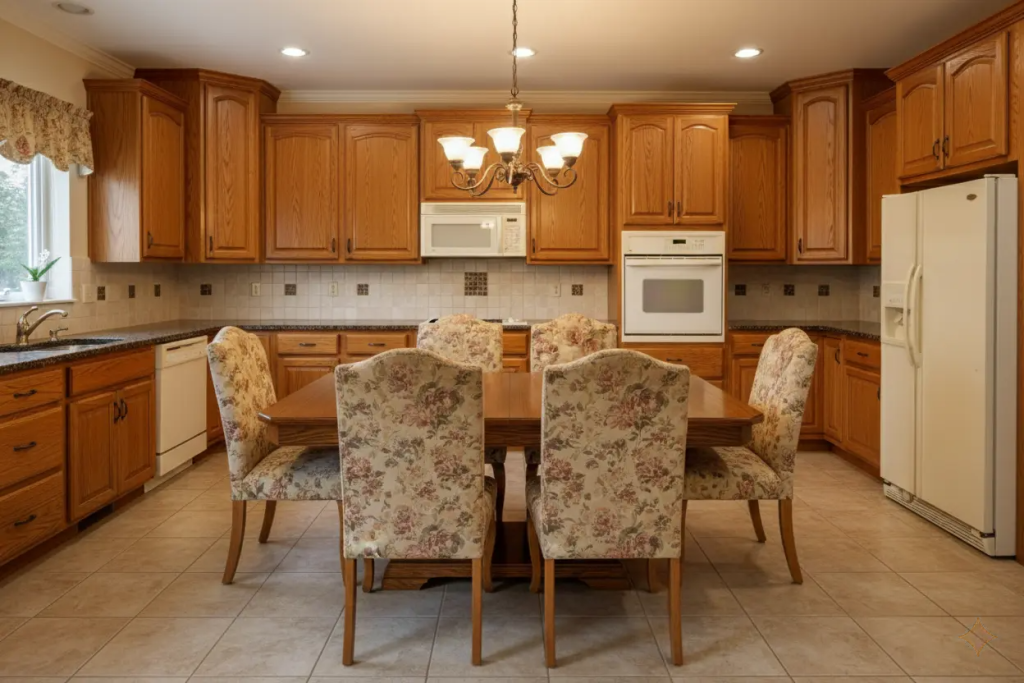 before Spacious eat-in kitchen with oak cabinets, granite countertops, and dining table setup before Concord Kitchen Remodeling update.