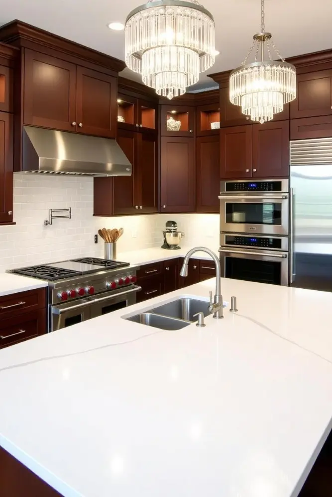 Spacious modern kitchen with rich dark cherry cabinets, large white quartz island, and elegant crystal chandeliers after Concord Kitchen Remodeling