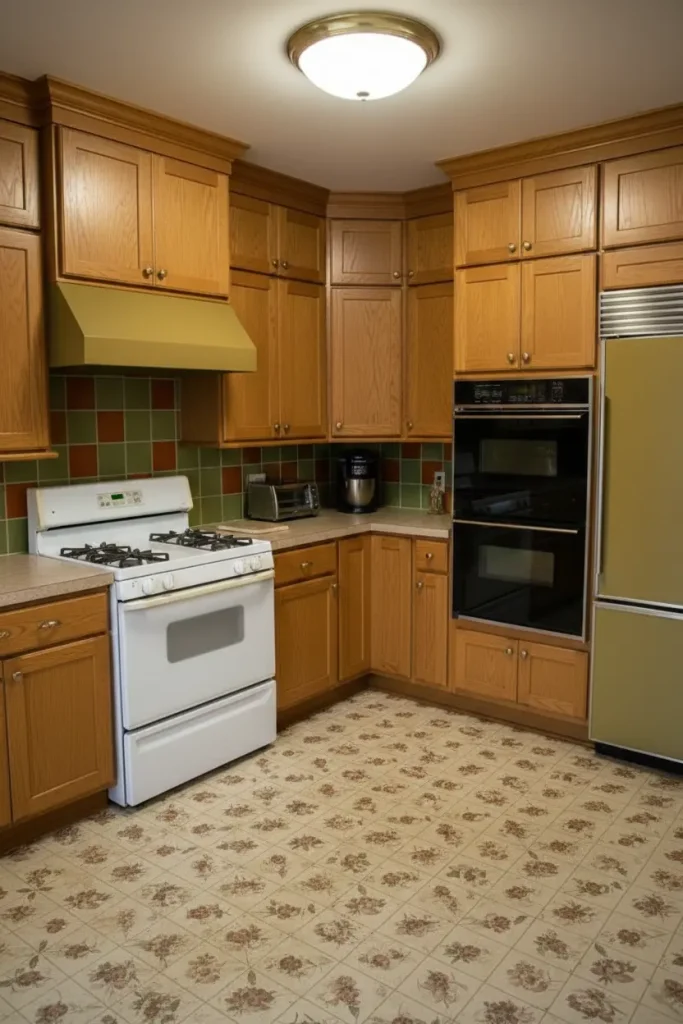 Before view of a traditional oak kitchen in Concord with corner layout, white appliances, and tiled backsplash ready for remodeling.