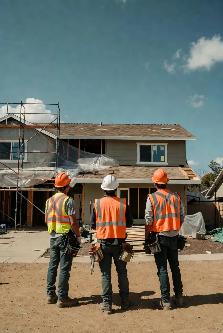 Three construction workers in safety gear standing together, looking up at a California home under renovation by Concord Remodeling.