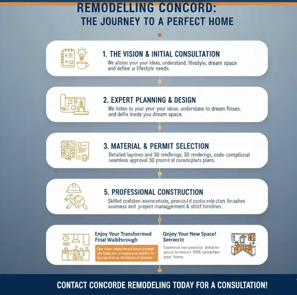 6-step Concord kitchen and bathroom remodeling process, from expert design and permits to professional construction and final walkthrough.