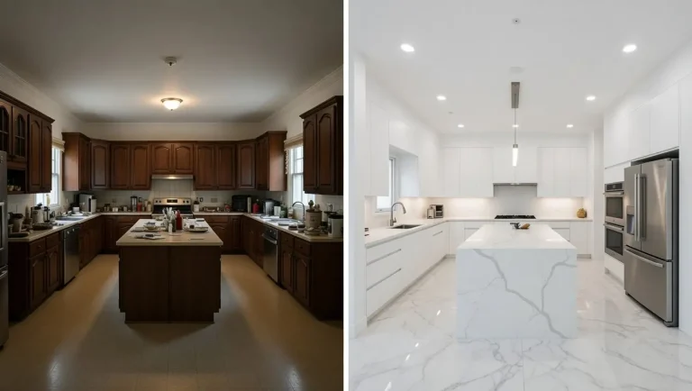 Split before-and-after view of a large Concord kitchen remodeling project – from dark, cluttered, and poorly lit to open, bright, and luxurious with premium materials and updated appliances.