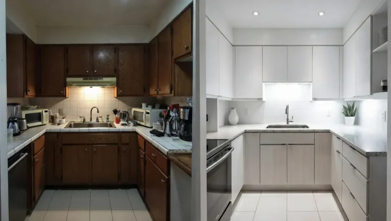 Same-angle before and after of a spacious Concord CA kitchen remodel showing transition from traditional brown cabinets and dim atmosphere to contemporary white design with high-end lighting and expansive island.